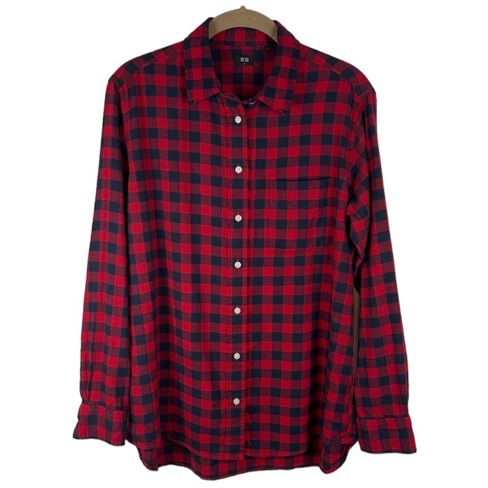 Uniqlo Navy Blue and Red Plaid Check Button Down Top Size M